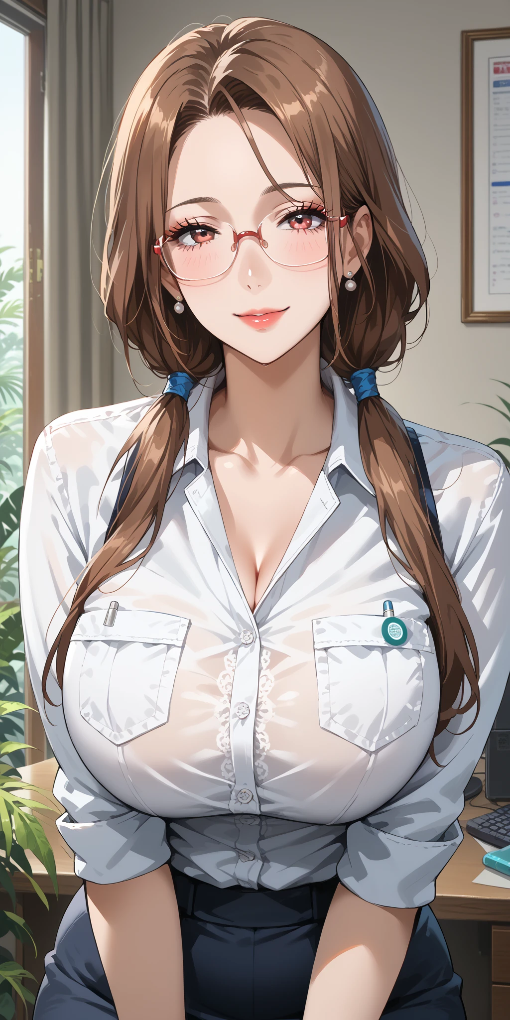 nsfw:1.5,masterpiece, Highest quality, Very detailed, Sparkling, Shining Light, Ray Tracing, High resolutionR, Depth of written boundary, (Perfect Face, Detailed face, Detailed eyes,Perfect hands,Perfect Fingers), 8k,High resolution,Ultra-realistic faces,Ray Tracing,Perfect lighting,Highest quality, Very detailed, Shining Eyes, (View your viewers,口を開けてsmile:1.1), ((One girl)), (Mature Woman:1.4), thick,
1 girl,alone, Upper Body,  close your eyes, smile, (lattice)、Erect nipples:1.2、Transparent nipples、Nipples are visible、(camisole:1.5)、Glasses