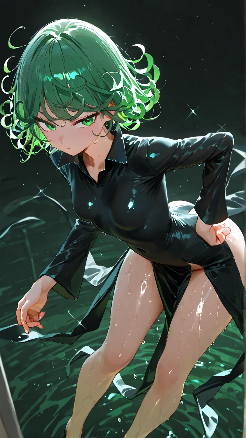 a beautifully detailed slime girl with luminous green eyes, blushing cheeks, and a warm smile, standing gracefully in a masterpiece-level illustration, ultra-detailed and high-resolution, 1boy, business suit