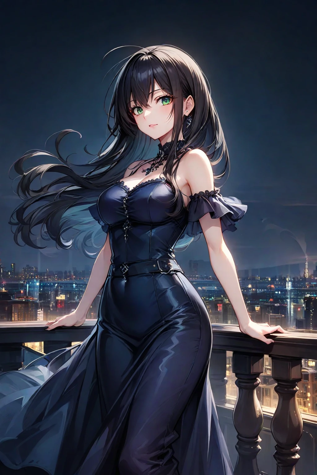 Portrait (a young woman:1.2)| (a girl:1.1), black skin, makeup, long curly hair, super detailed, city view, contoured. night sky