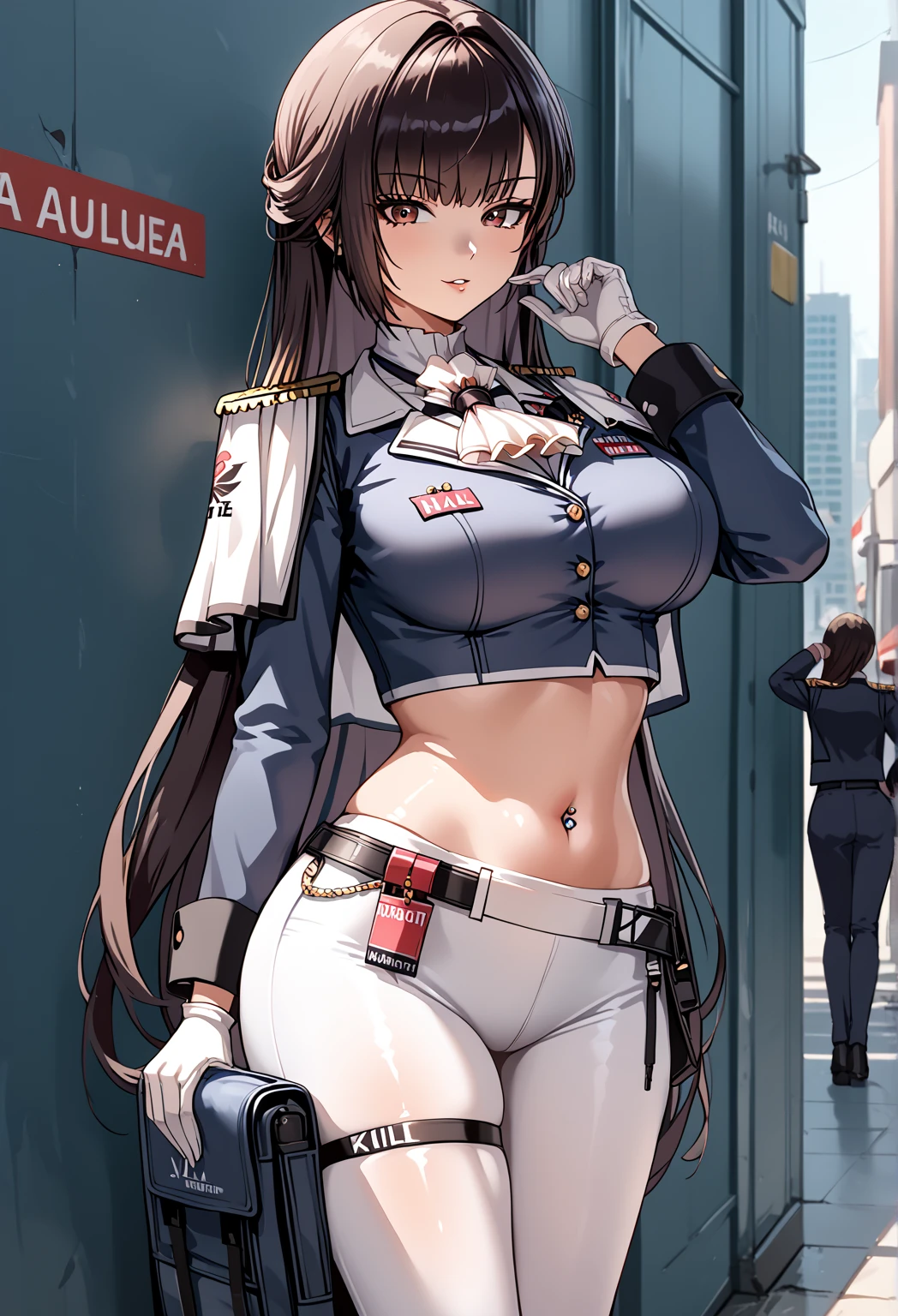 1female,35yo,plum,very big boobs, 独奏,(Background with:Huge machinery,droid,aerodrome,Planes,Huge mechanical armor,) She has very short black hair,bobo head,Stand on the plane,,seen from the front, hair straight, The sky is mostly cloudy,(((tmasterpiece),(Very detailed CG unified 8k wallpaper),Best quality,电影灯光,detailed back ground,美丽细致的眼睛,Bright pupils,eBlue eyes,Snow-whiteskin,Redlip(Very delicate and beautiful),(Beautiful and detailed eyes description),ultra - detailed,tmasterpiece,))facing at the camera,A high resolution,ultra - detailed),Expose breasts exposed,Bare genitals, convex,legs are open,Raised sexy,Camel toes,Flushed face,longing unsatisfied,street frontage,British Air Force,Aviator,(dressed in:blazer jacket,tailcoat,White color blouse,black pantyhoses,gold silk embroidery,armour,Naked of breast)cyber punk style