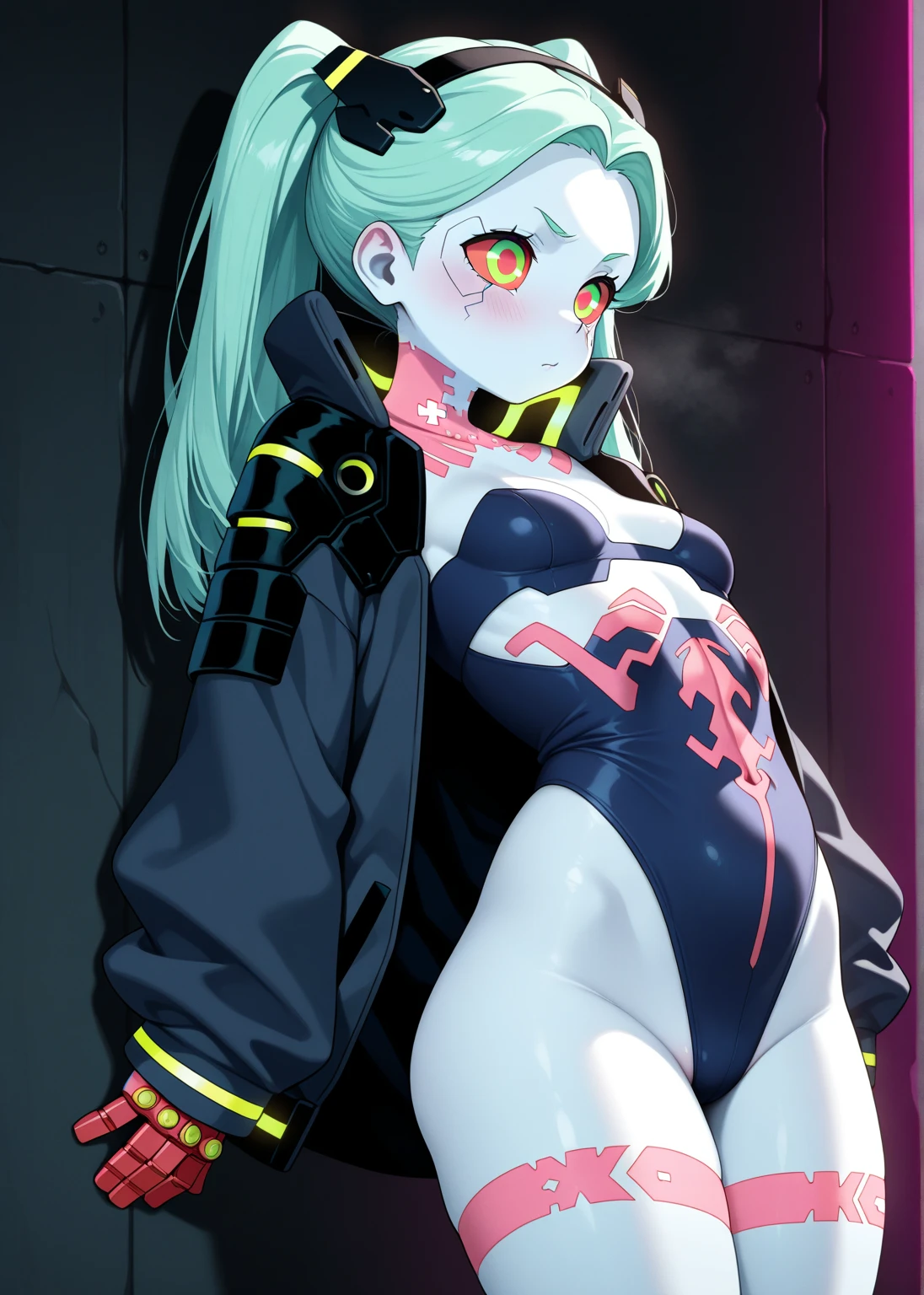 work of art, best qualityer, high resolution, 1 girl, Rebeca \(cyber punk\), standing alone, long hair, mechanical eye, colored sclera, red sclera, colored fur, Caucasian skin, tattoo on the leg, Neck tatoo, hair green, long hair, breasts small, Underwear, tusk, red pupils, skin tusk, Eyes red, Black jacke, standing, cyber punk house, Grinning