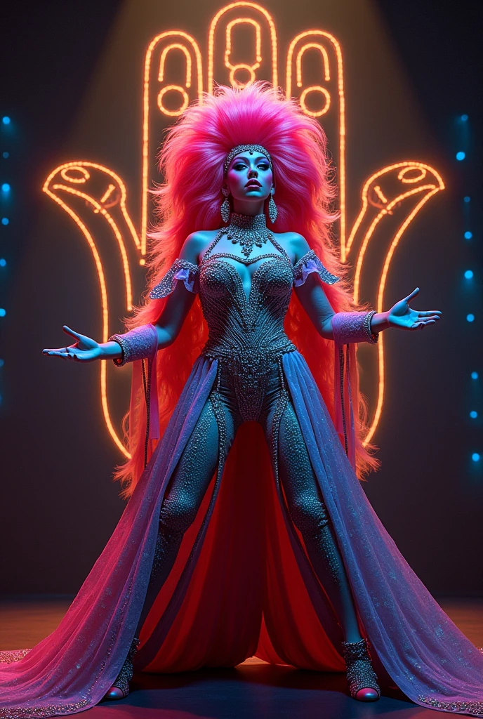 Drag queen named cookie clown with a red noise in a beautiful gown, made out of many colors of candy in a canyland  (show her full gown in the image)