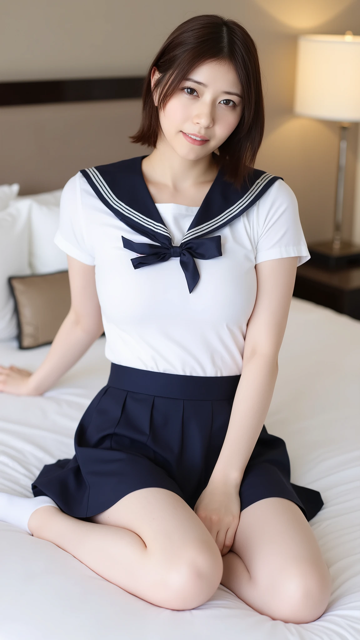 (Masterpiece, Best quality:1.4), (Ultra realistic, Photo-realistic:1.3), nsfw, ((Wearing Sailor suit, White short sleeve:1.3)), (Dark navy pleated skirt:1.2), (Wearing white sock), (small breasts), Natural light, 20 years old actor, Japanese woman named rio hikarunagi, Neat and clean, (Short wavy hair:1.1), (Beautiful face), Oval face, clear skin, Beautiful eyes, Kind eyes, Clear skin, Small face, Beautiful mouth, Small mouth, Natural makeup, Seductive eyes, (Beautiful thighs: 1.2), Luxury hotel Suite room, on bed