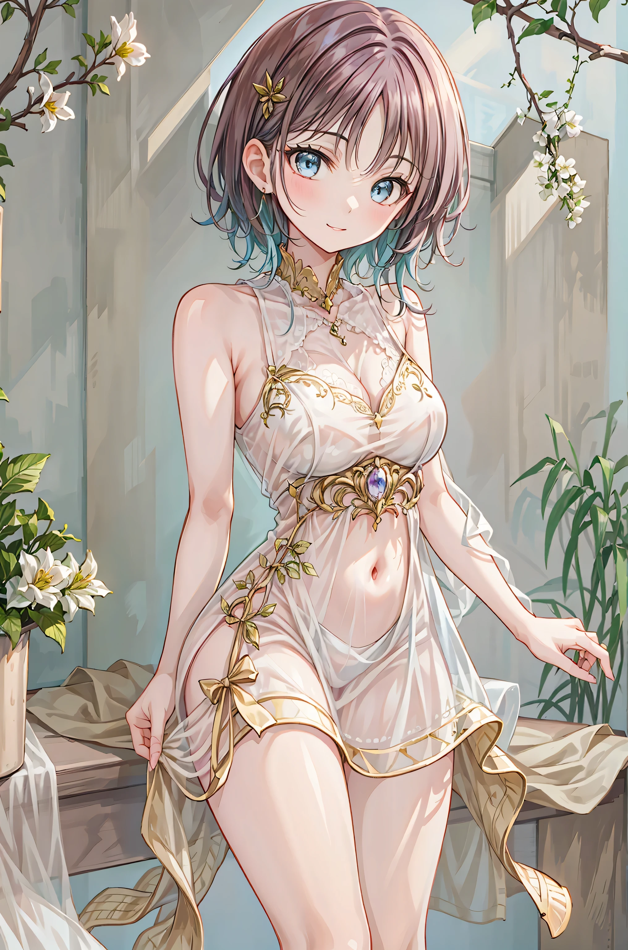 official art, masterpieceヨーロッパ女性の顔, short hair, light brown hair, brown eyes , flower garden , (masterpiece、highest quality、High resolution: 1.4),In 8K, Drawing of a woman with short light brown hair, Highly detailed exquisite fan art, anime fantasy illustration, clean detailed anime art, detailed anime art, sharp focus, Delicate and beautiful hair, eyes and face, realistic, super detailed, beautiful girl, sunlight