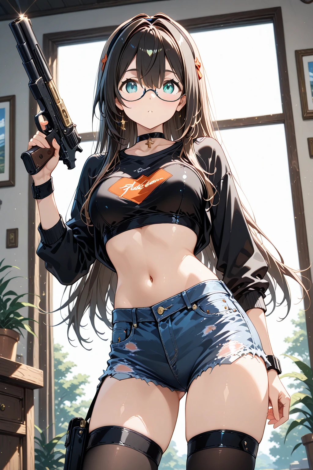 Black hair, red eyes, large breasts, narrow waist, wicked smile, sports bra, panties, hands braced against a table, setting in a dark lightless basement with white tile walls.