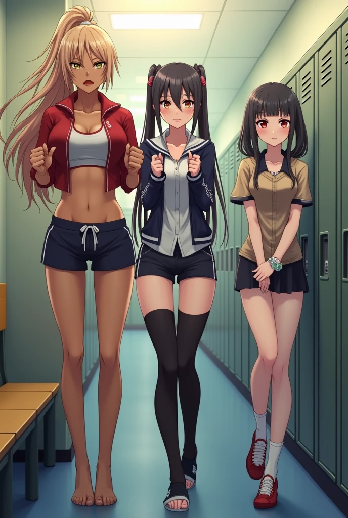 In a high school locker room,Several female high school students are changing into swimsuits