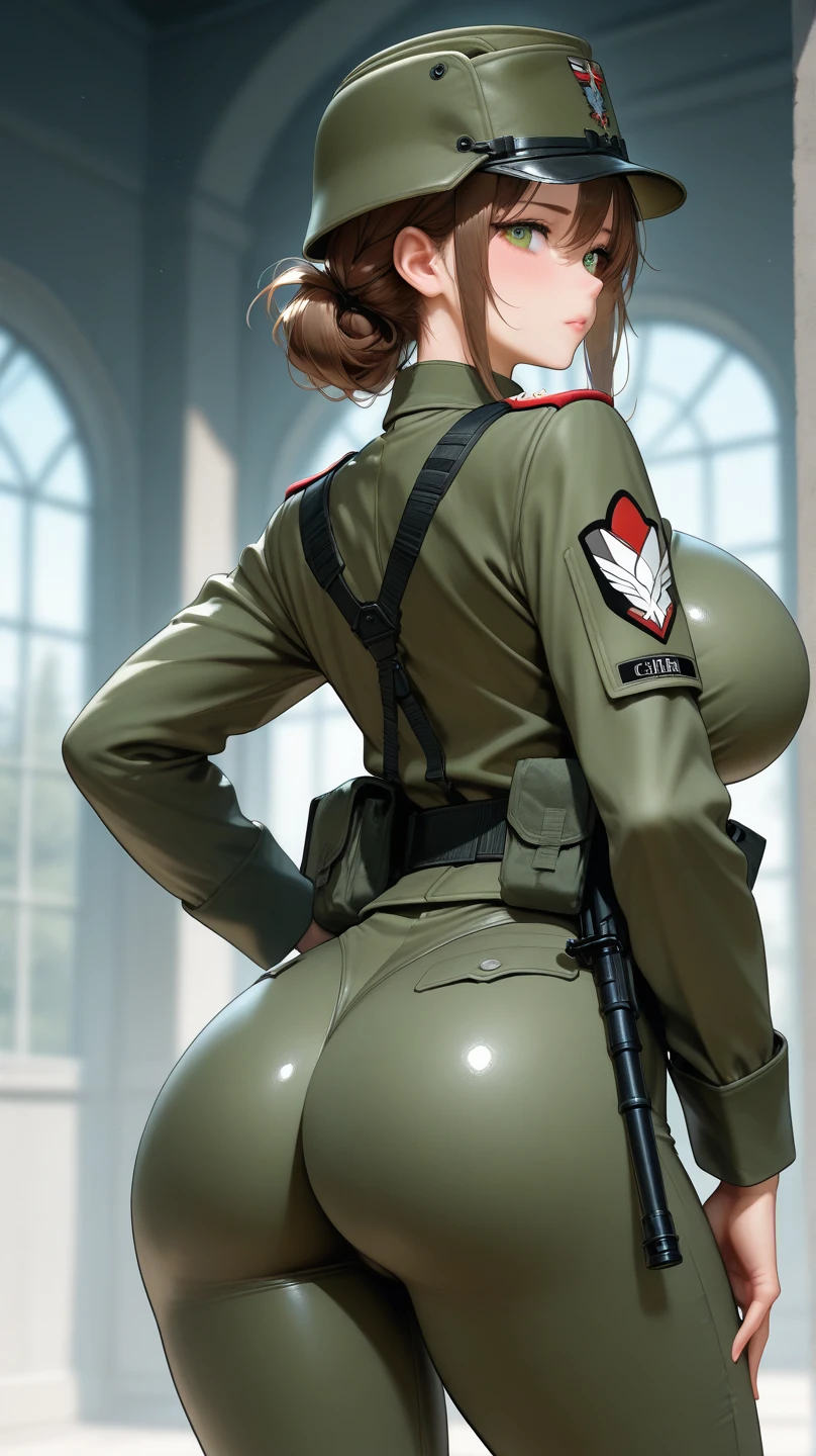 (cinematic lighting, textured skin, award winning, super detail, anatomically correct, UHD, 1080P, HD, 16k),Usually detailed CG Unity 8K wallpaper，（masterpiece），（best qualtiy），（ultra - detailed），（Ultra photo realsisim），（best character detail：1.36），Nikon D750 f / 1.4 55mm，RAW photo，profesional lighting， physically-based renderingt, 1girll, Female soldier，(dark green military uniform，Fabric texture military uniform，(Long-sleeved suit))，(black necktie)，((White garter stockings:1.2),(white panty:1.25))，Bare legged，Plump legs，Black hair，(military hat)，((Large wavy curls,curly hair, hair behind ear, (bob cut)):1.2)，the golden ratio,[:(com rosto detalhado:1.2):0.2]:，PureErosFace_V1，thick bushy eyebrows，broad shoulder,(gigantic breasts:1.35),(gigantic ass:1.55),(Plump thighs:1.45),(stick out buttocks:1.5),(Wide crotch:1.55),(I looked up from below:1.55)，((Hands on the buttocks，sitted，Look from your hips，close-up shot from behind,Close-up Shot Shot))，((A bright smile，confident smile,pout):1.25),((On the snowy mountain，night，Starry Sky):1.35)，((Close-up of panties，Buttocks close up，facial closeups))，Sunset sky，Gentle sunshine，sunshine on face，The light shines on the face，Blue sky，setting sun，light glow，White teeth，(Look at me:1.3)，looking at me，((curvy accentuated booty，azur lane style，lit from behind)),