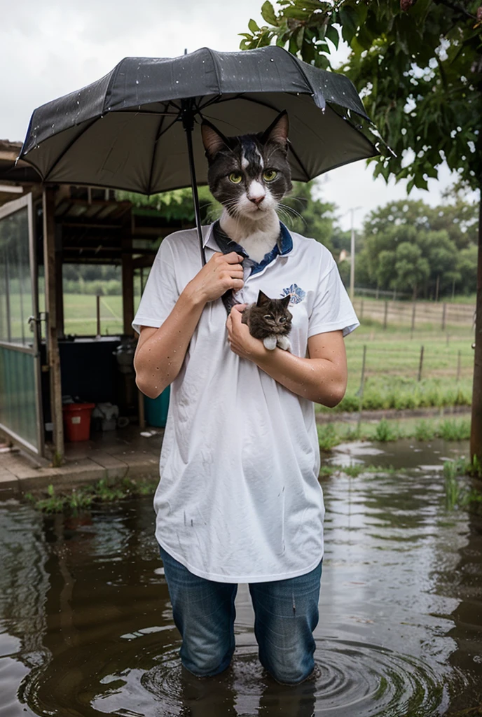 Boy with a white kitten in the rain