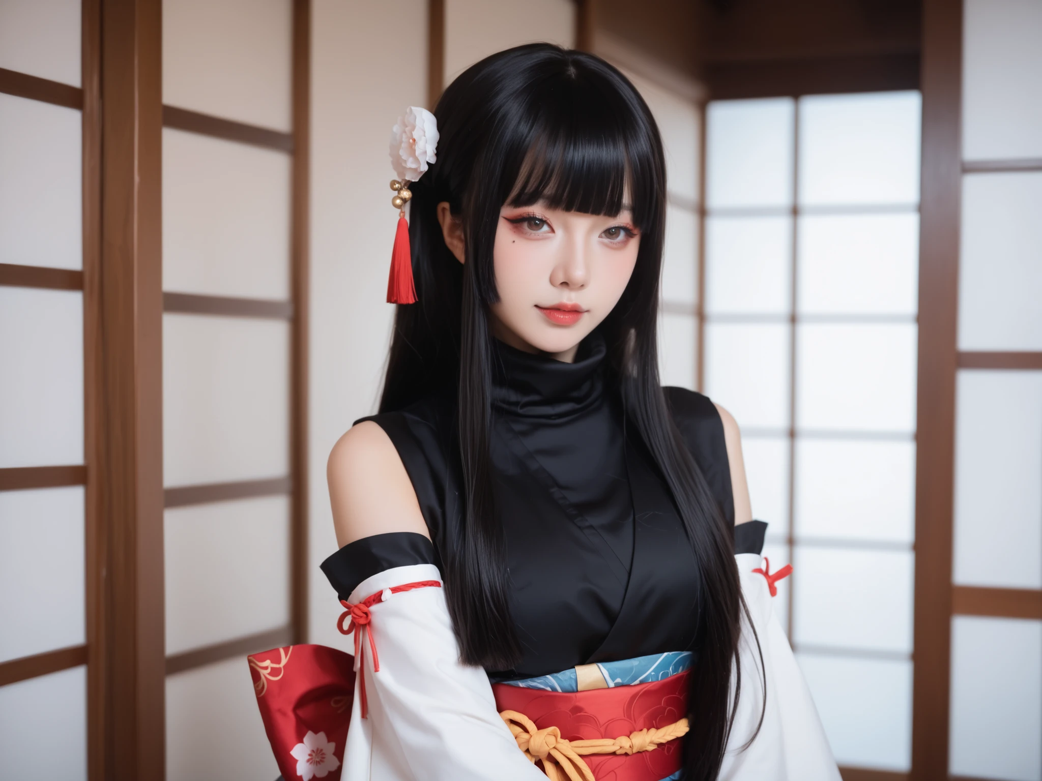 1girl,solo,long black hair,mole under eye,black gloves,japanese clothes,turtleneck,detached sleeves,pleated skirt,obi,sash,ribbon trim,blunt bangs,