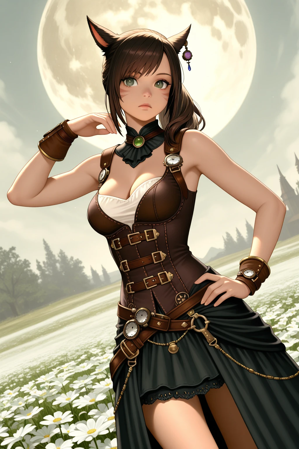 masterpiece, highest quality, realistic, subsurface scattering, chromatic lighting,

22yo girl, beautiful body, (long brown hair), (Steampunk Corset Dress Brown Corset Suit), green eyes, walking in a forest, sunny