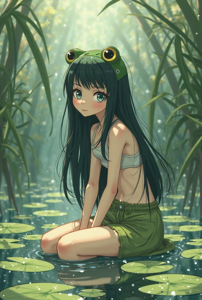 ((best quality)), ((highly detailed)), masterpiece, absurdres, detailed face, beautiful face, (detailed eyes, deep eyes), (1girl), cowboy shot, <lora:hairdetailer:1>, <lora:aiomonstergirls_aiov4LoraLycoris:.4>, <lora:Frog:.8>, mucus toad, frog girl, green hair, medium hair, green eyes, <lora:horizontal_pupils-v2:1.05>, horizontal pupils, wet skin, <lora:coloredSkin:0.4>, skin, mottled light green skin, narrow waist, hips, long legs, leaf on head, medium breasts, green bikini, collarbone, lily pad, giant lily pad, water lily, in a swamp, partially submerged, (outside, in a garden, twilight, shooting star, hurricane), <lora:nostal_gi:.9>, nostal_gi