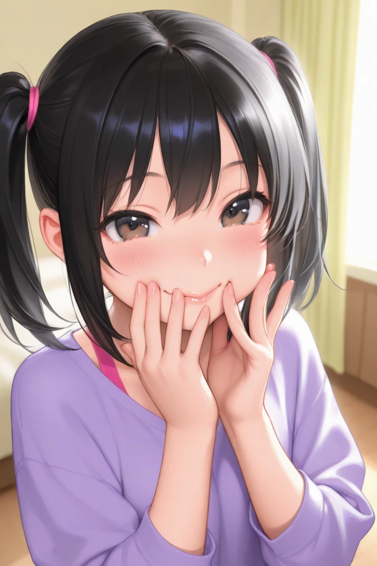 best quality、masterpiece、high resolution、masterpiece、4K 、Summer Flash、black hair、Side Ponytail、fluffy pajamas、High Angle