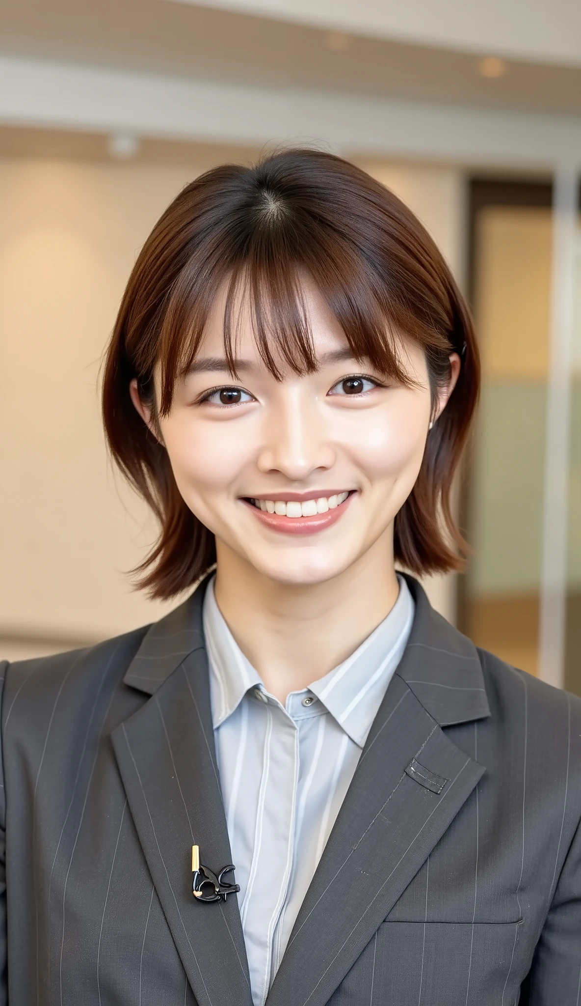 Neat Young Woman、and look at the camera、office lady suit、jacket、shirt、ネックレス、、ear piercing、、smile showing teeth、背景はオフィス

