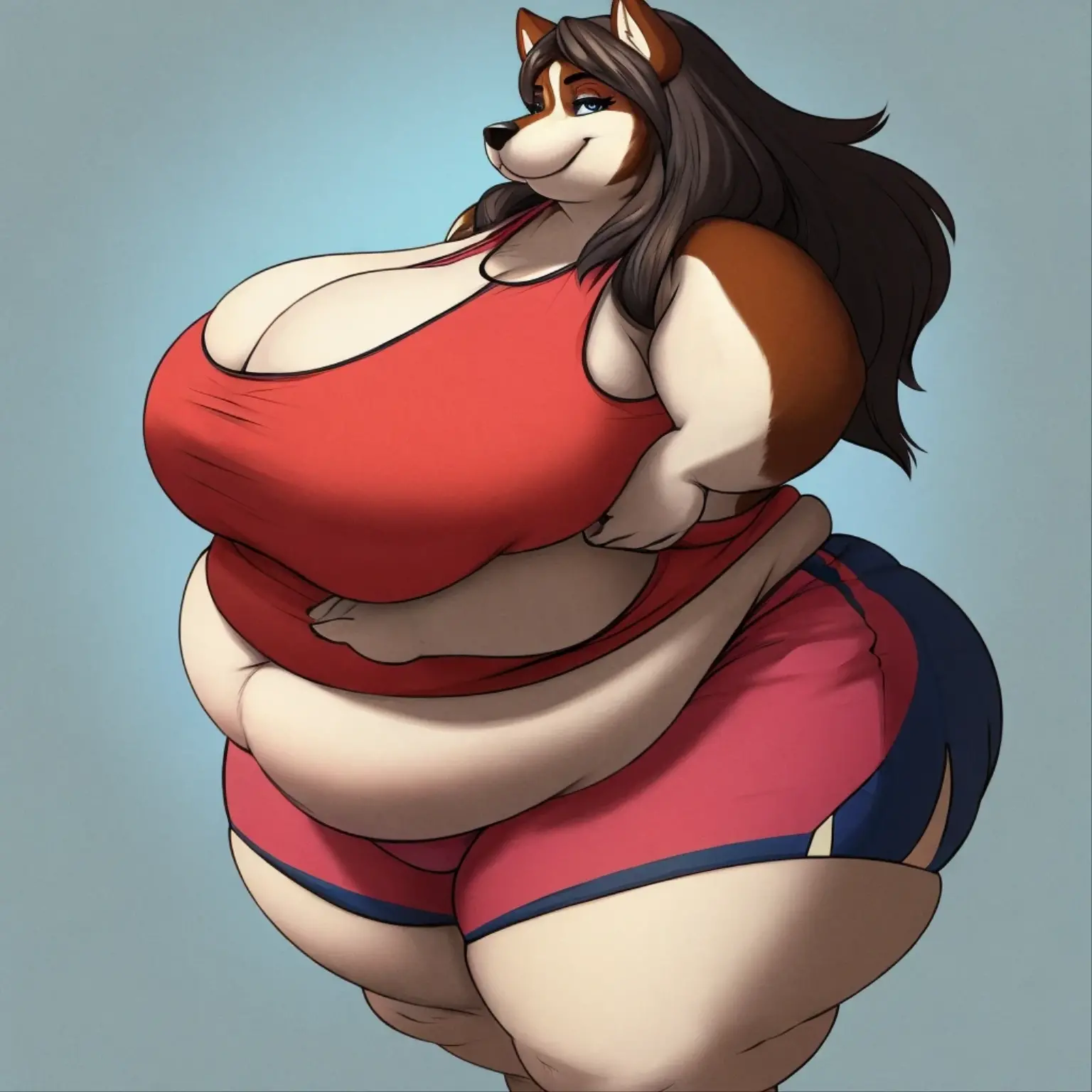 Malamute, female, long hair, gorgeous, beautiful, eyelashes, voluptuous, plump, belly rolls, fat arms, fat legs, ,tank top, shorts ,huge saggy breasts , ,cute,fringe on eye,heavy top, huge hips huge thighs heavy bottom ,sports bra,sports shorts, simple background , morbidly obese, belly rolls, fat rolls, belly rolls,belly overhang 