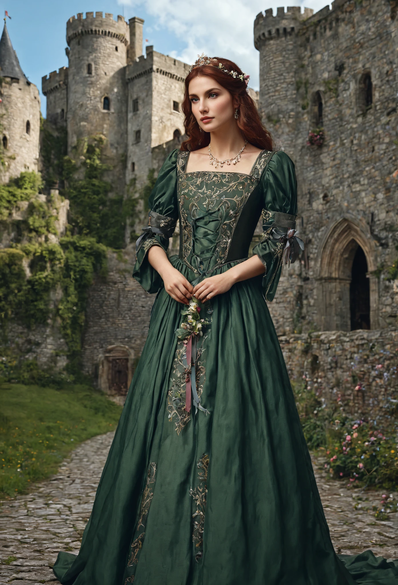 A princess facing a green giant dragon, she is wearing an elegant dress and wielding a big berserk. The setting is a castle.