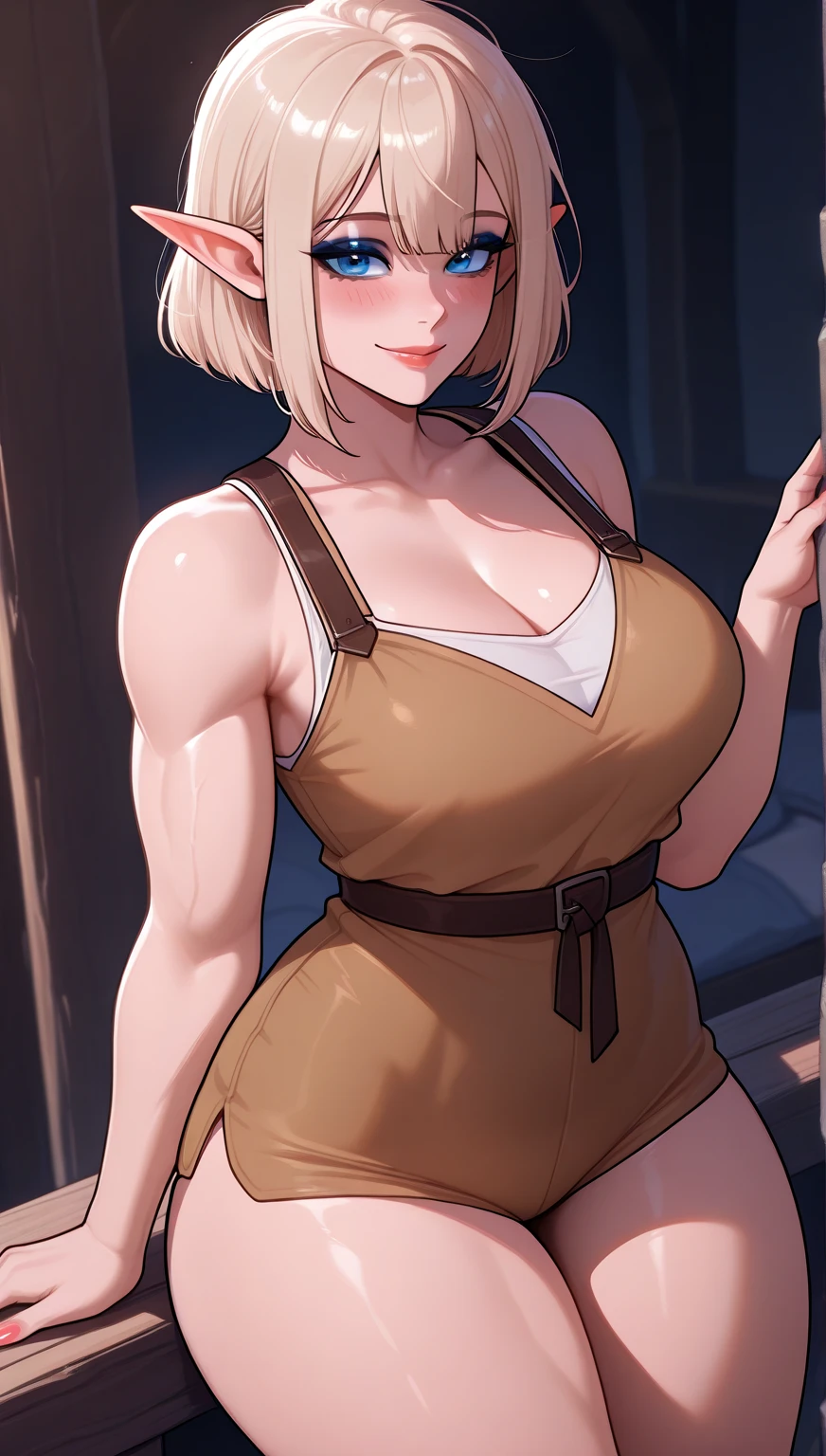 masterpiece,best quality,1girl,solo,hellsing, seras victoria,from front,looking at viewer, blonde, red eyes, outfit,genshin impact,large breasts,sideboob,blush,smile,from below,sitting,arms behind head,indoors,hair between eyes, fangs, smirl, short hair, twintail buns
