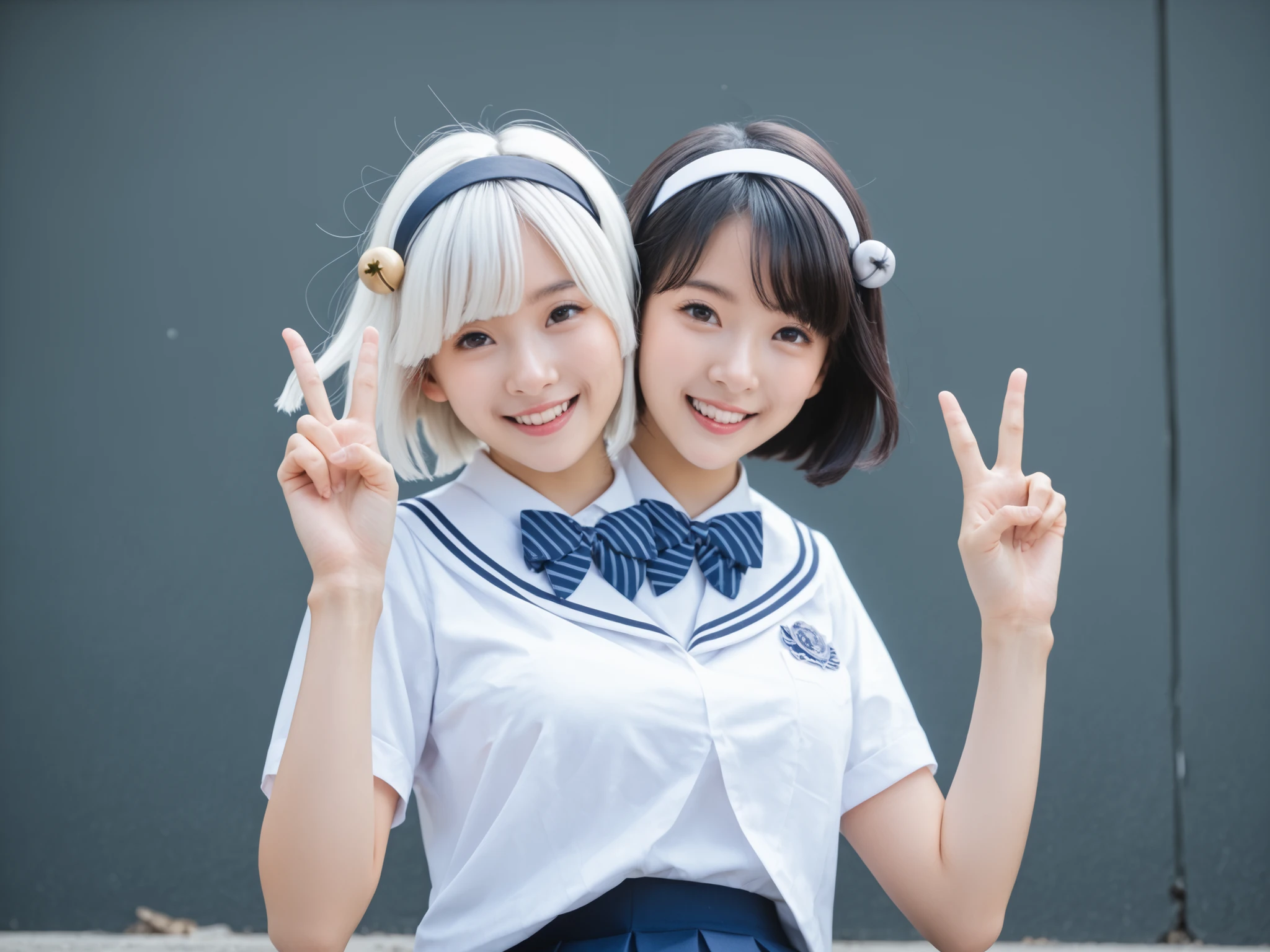 masterpiece , close-up,, best quality , , highres , absurdres , 1girl , , realistic , , , (natsufuyu:1) , young woman with two heads medium chest , skirt , socks , short hair , school uniform , short sleeves , kneehighs , pleated skirt , shirt , (round suzu bell) on hairband , two collars and bowties, bob cut , black hair , white hair , inner hair dye, hairband , in a Japanese rice paddy, dirt road , peace sign both hands , tongue out, closed smile, different expressions