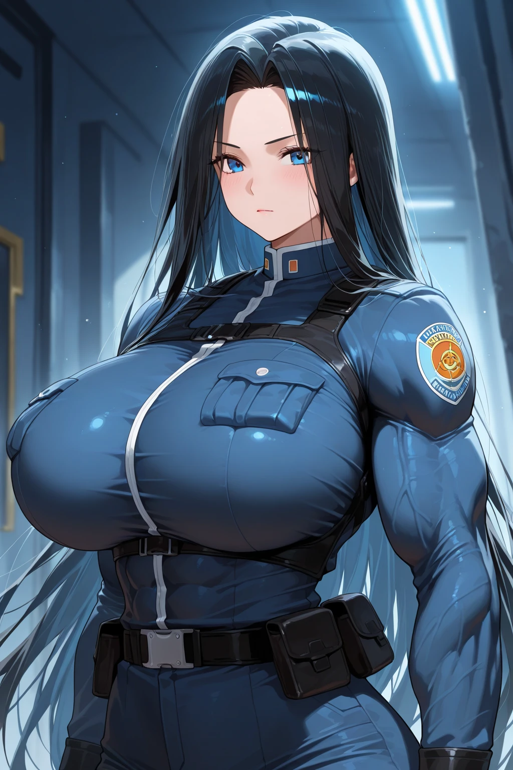 masterpiece, high quality, best quality, 1girl, solo, (muscular female:1.0), (super gigantic breasts:1.0), (closed mouth, half smile), harah, long hair, brown hair, blue eyes, dark skin, large breasts, earrings, (black and blue color-blocked bodysuit:1.50), (((blue on the sides and black on the middle of the bodysuit:1.5))), lips, blue sclera, anime screencap, anime key visual, (fully clothed:1.0), full body <lora:Harah:1.0>