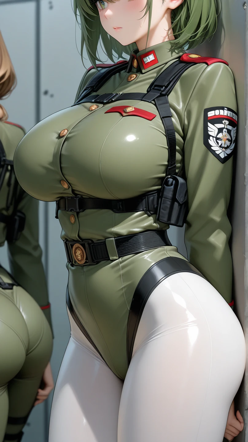 (best qualtiy)Meticulous miltary uniform girl,at military headquarters,wear a green striped shirt and green striped cargo pants,Highlight abs,And the huge breasts add a cinematic touch to the scene in the super big breasts,huge tit,Film lighting completes the overall atmosphere。