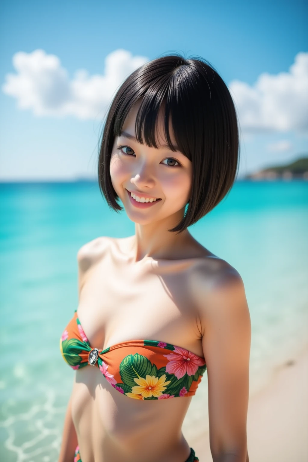 Okinawa teenage girl。Very short hairstyle。Sunburned skin。Tank top。