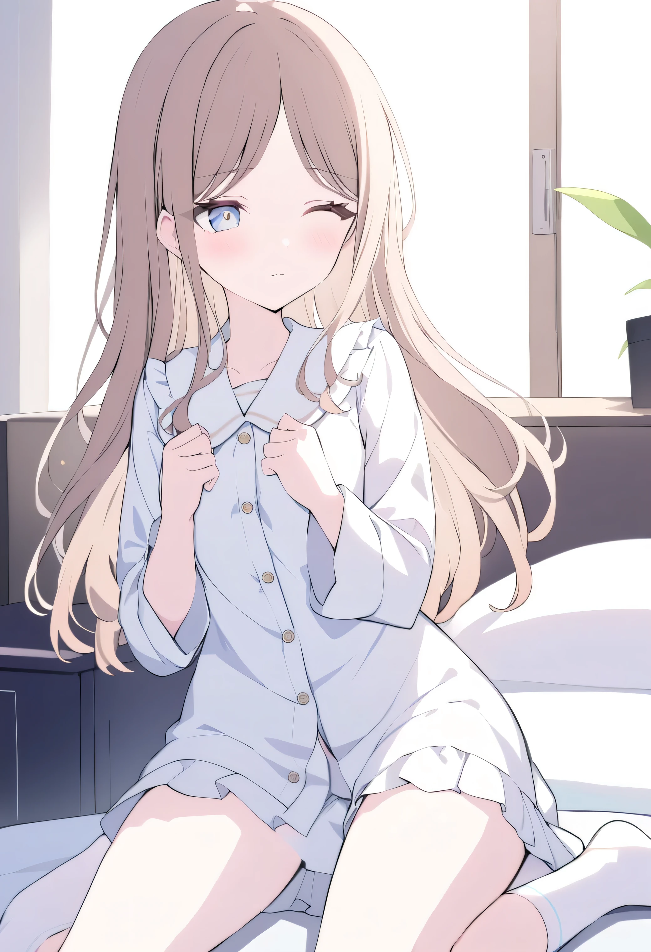 only one girl ,棕色的 hair, long hair, ( blue eyes :1.5), ( medium bust :1.2),
underwear, thigh, White_underwear,underwear, Long_hair, Chest, White睡衣,The pajamas are not fastened when the arms are extended ,Open pajamas,Umbilical cord, Bare Belly, Close your eyes , Close your eyes , Existence_Back, in the bedroom, Hips, bangs, crack, Blush,躺Existence床上,White socks,underwear,White socks,Unhappy,
( Masterpiece:1.2), best quality , high resolution , unity 8k壁纸 , (illustration:0.8), ( beautiful and detailed eyes :1.6), polar detail , Perfect Lighting , polar detail的计算机图形 , (perfect hands),