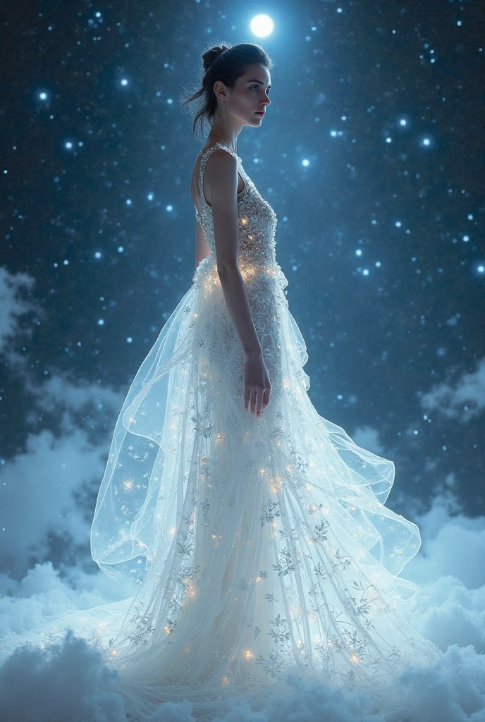fashion_girl An ethereal beauty stands alone in front of misty nebula clouds and softly glowing purples, blues and pink galactic gases wearing a stunning rhinestone-encrusted gown by Zuhair Murad. The cosmic ballgown features hand-embroidered patterns of planets, moons, swirling gases and bursting stars in silver threading and tiny glittering crystals. A long, sheer sparkling cape trails off her shoulders like a shooting comet. One arm reaches out gracefully as if beckoning the stars while the other holds delicately onto a crescent moon purse."
