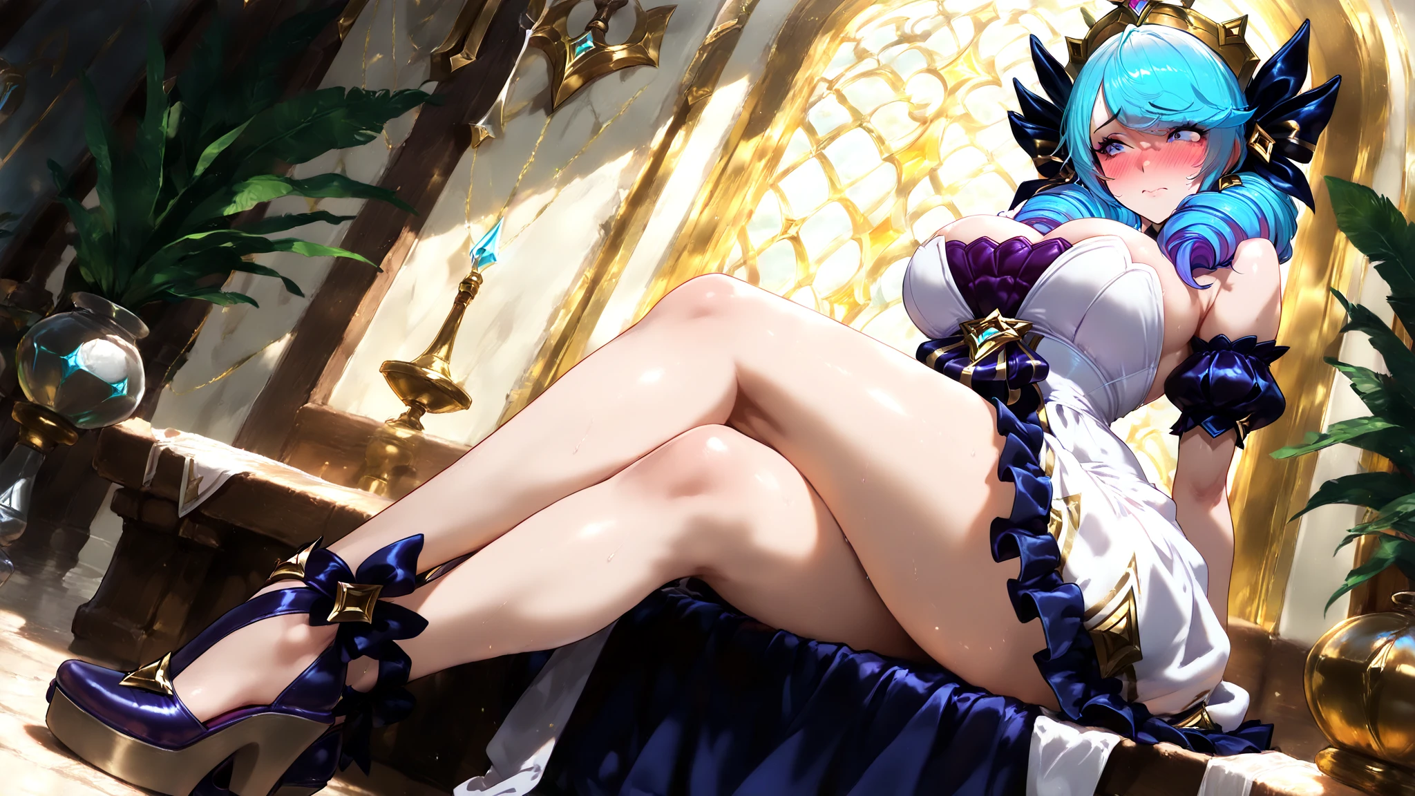 ((8K, masterpiece, best quality, ultra detailed, photoreal)), HDR, lens flare, particles, chinese gorgeous royal style, in a palace, 1 princess on a throne, full body, composition close to her, (perfect anatomy), spread legs, lift up skirt, show off panty, tight short cheongsam, (detailed smooth legs skin, (tiny panty), detailed kawaii face), detailed hair, large breasts, many large presence accessaries, stiletto heel, tiara, hair ornaments, earrings, bracelets, anklets, trinkets, smoky makeup, eyeshadow, heavy makeup,