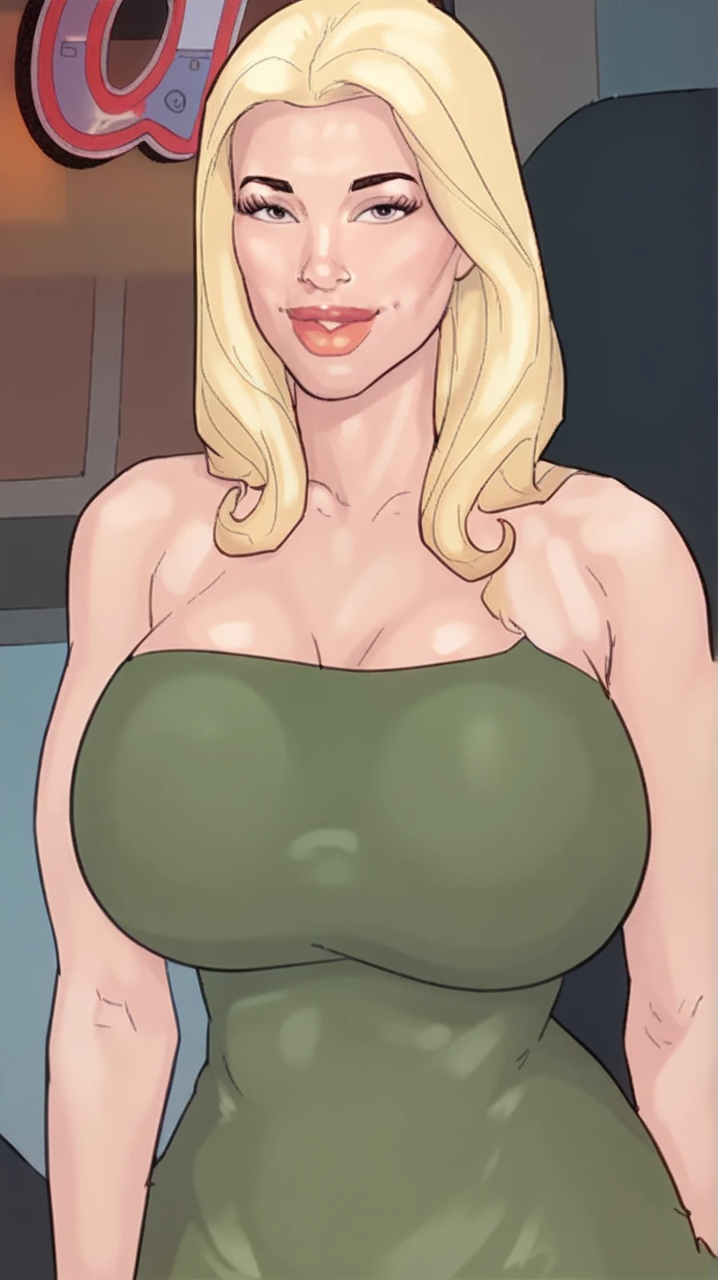 hyper-deformed face, old woman, large breasted, crawling, (viewer), visual principal, promotional artwork, colorful illustration