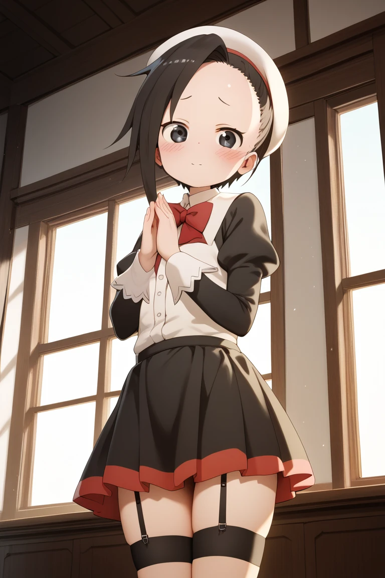 NSFW,1girl in,(Sitting on chair),From below,Looking at Viewer,Tomomi_Xijing, bow ribbon, Short hair, School uniform,red school uniform,Winter clothes,Long sleeves,Long skirt,(white lace Panties),Perfect Lighting,1girl in,, up skirt,Best Quality,Smile,blush,anime screen cap,Flat color,cel shading,(tucking up the skirt:1.2),short torso,(Show panties,pantyshot,up skirt,Skirt lift)