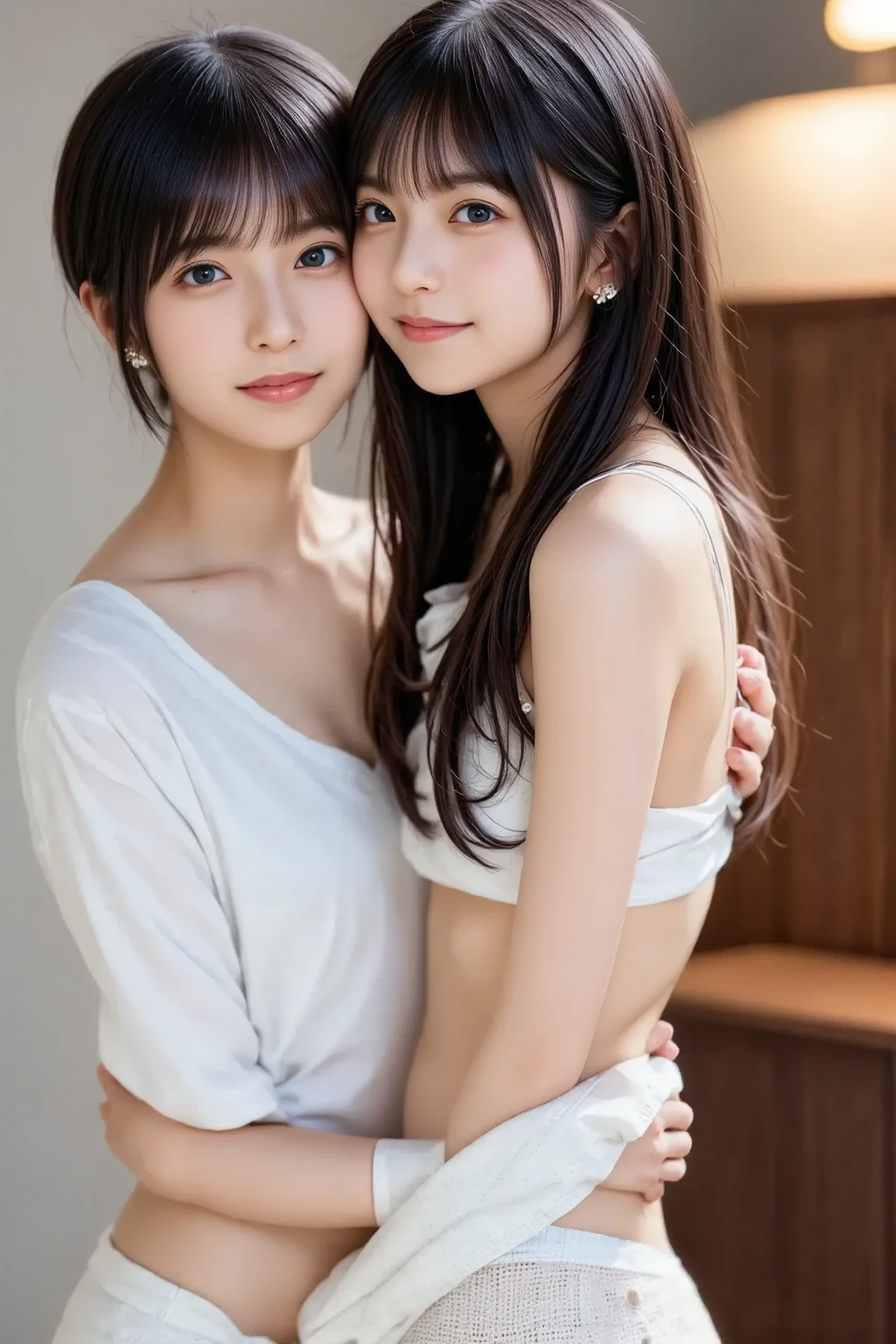 top-quality、masterpiece、a beautiful Japanese 、thirteen years old、(nudity:1.3)、Happy smiling face、((looking at the viewers))、Blushing、cowboy shot, hugging sister