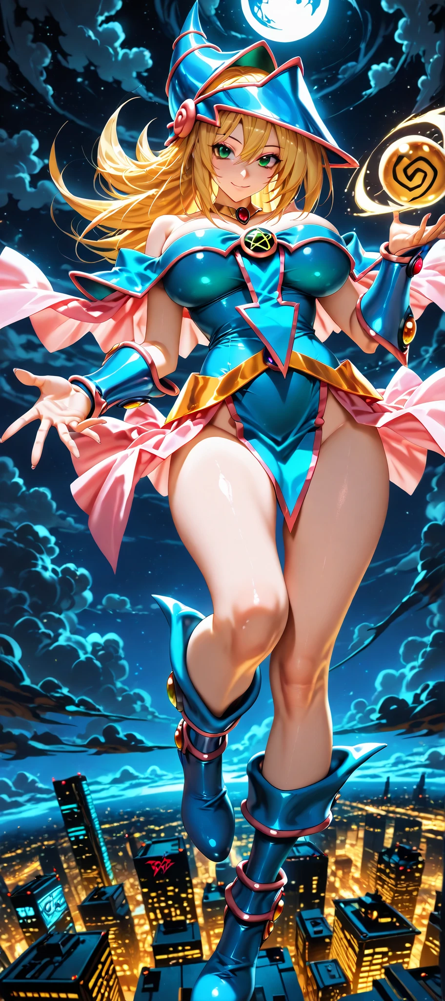 Hatsune Miku disfrazada de dark magician gils. Pose sensual y seductora. Fondo de magia