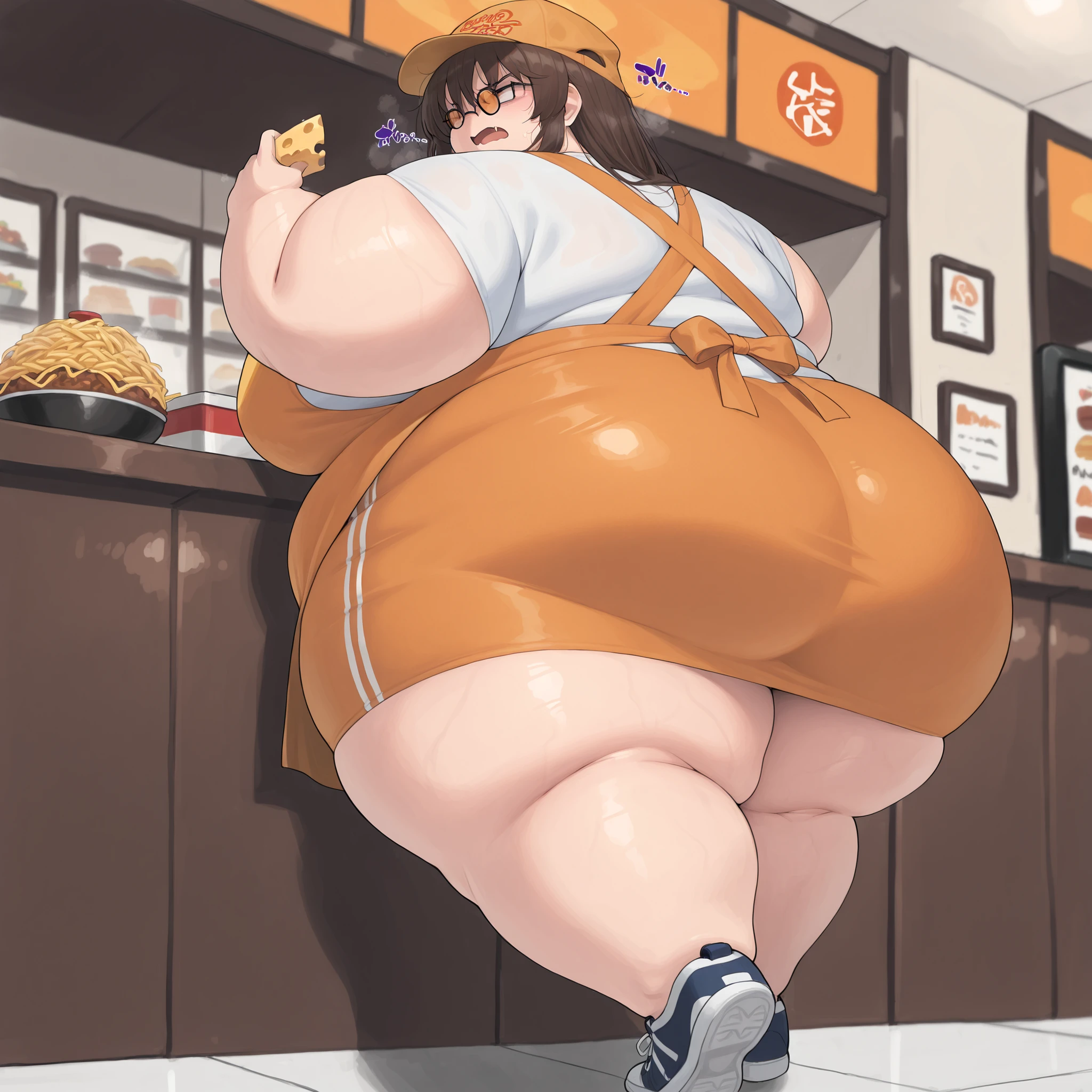 masterpiece, best quality, 1girl(disdain\disgust\glasses\holding cheese gyuudon\orange apron\hat),restaurant,dark fat, chubby, obese, gigantic arms and legs, large breasts open mouth, out of breath, from behind, showing feet, sneakers,