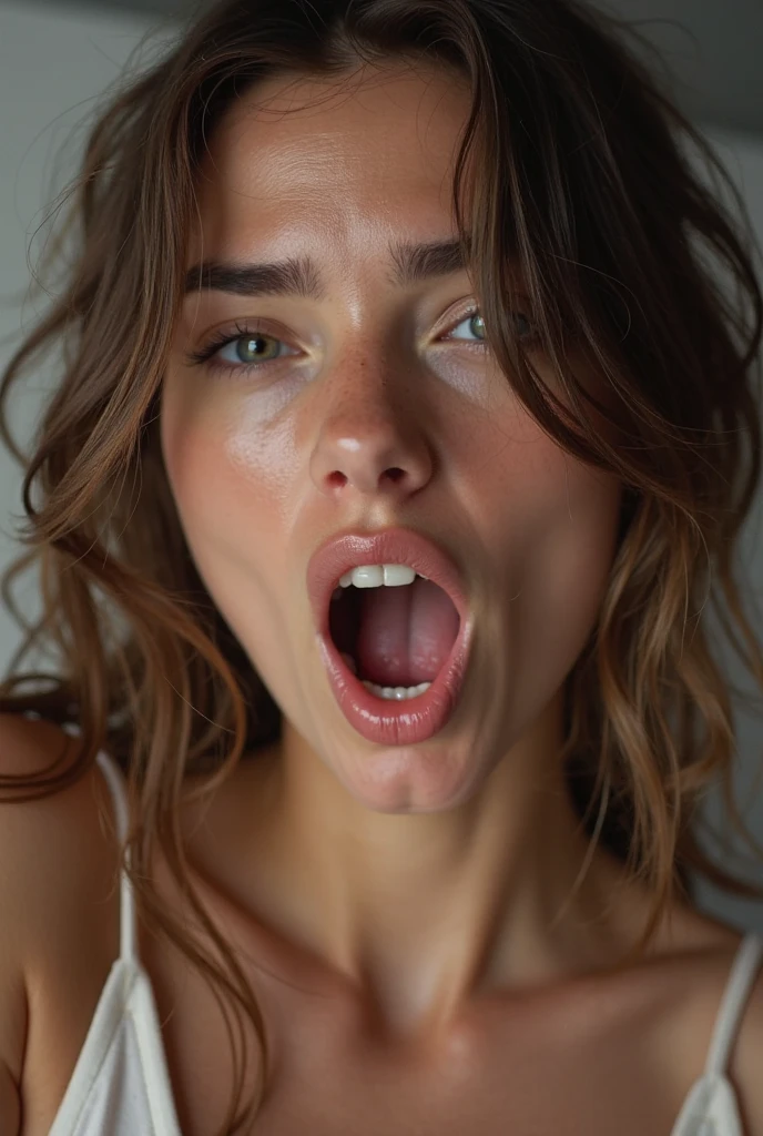 Schoolgirl with open mouth in close up naked and cum in mouth
