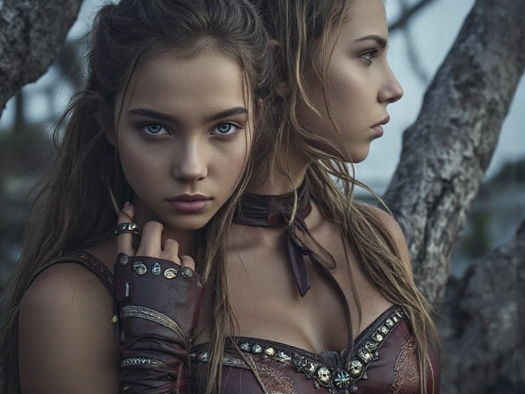 (best quality, masterpiece, high resolution:1.3), muscular naked 21 y.o. Nordic huntress girl hugging her female lover from behind,outdoor ,large natural breasts, rough leather top, dirty skin with mud, full body, portrait, hyperdetailed, perfect lighting, 8k, hdr, cinematic, love atmosphere, happiness, volumetric fog, absurd res, dreamlike, surreal, fantasy background, cuddling, hug, kiss, erotic fantasy