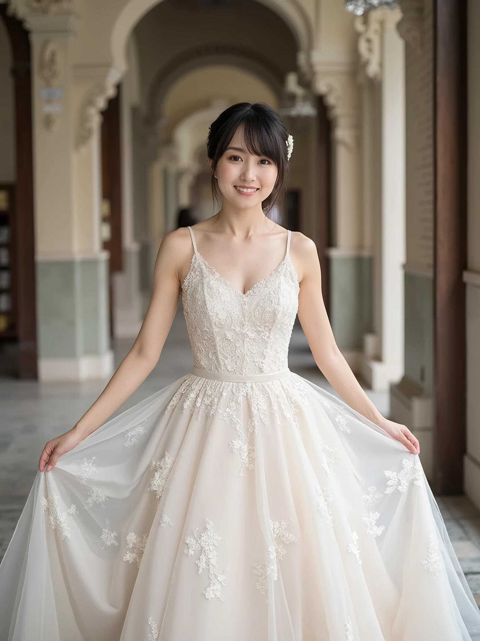 (highest image quality、desktop、8k、Best Image Quality、Award-winning works)、 A Beautiful Bride 、( Luxurious perfect floral lace wedding dress :1.3)、(Luxurious Wedding Headpieces:1.3)、(Heart-shaped necklace )、(Triangle Ornament Earrings )、(Gentle Smile)、( Church filled with majestic baroque atmosphere:1.2 )、White Skin、Brown-haired 、Stand gracefully、 Most Beautiful Smile Looking at Me 、perfect makeup、Fibro-length lashes、Ultra-HD sparkling eyes、ultra hd hair、 Ultra High Resolution Lipstick 、Ultra High Resolution Perfect Teeth、 Ultra High Resolution Beauty 、、( Eyeshadow Corrector:1.1)、(Bone Conscious Body :1.1)、( thin waist :1.1)、(Arm Thin :1.1)、(big boobs:1.1)、(cleavage:1.8)、full body photo、(facing the front)、(looking at the audience)