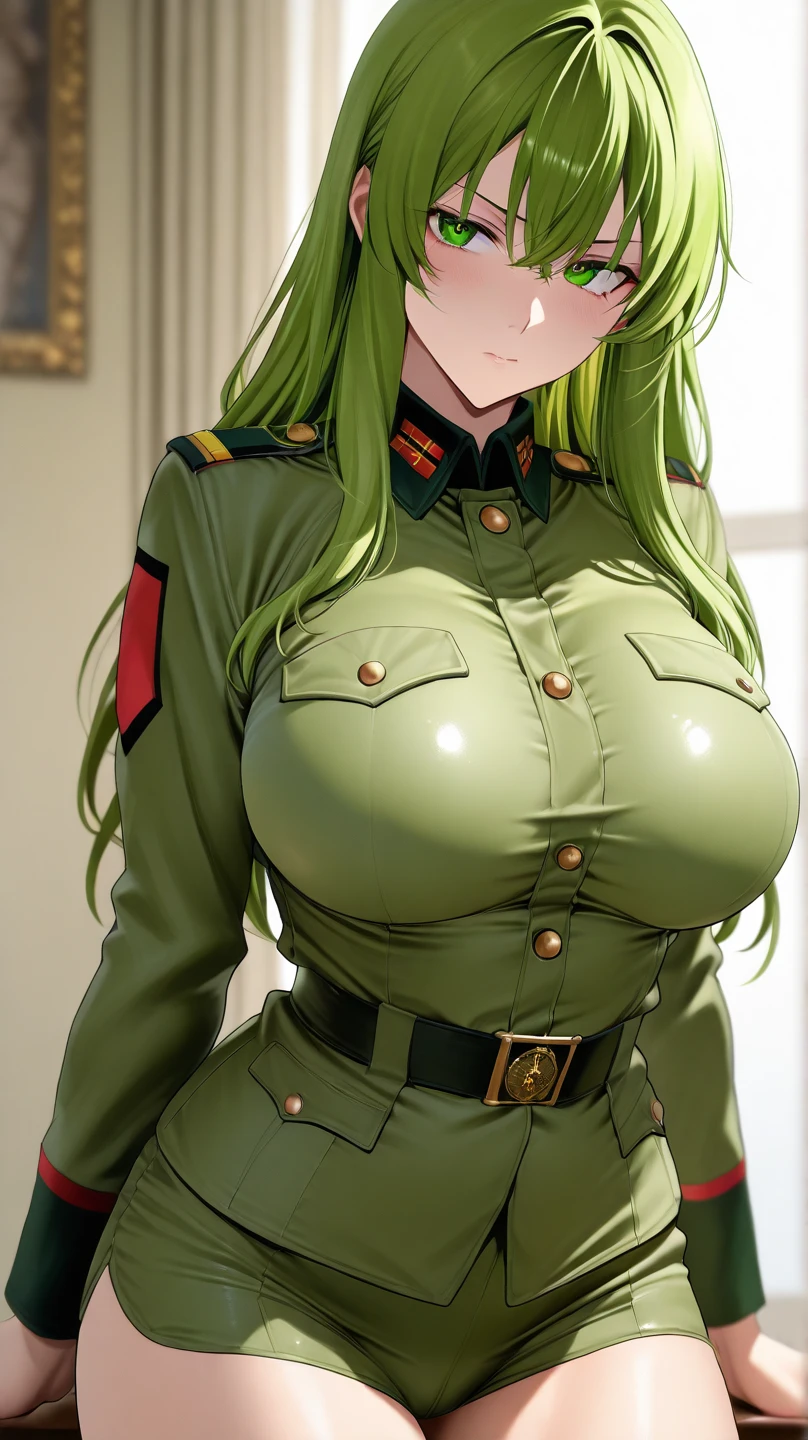 Military, beautiful girl, emerald hair, big breasts, wearing a bare-chested military uniform, sexy post, in the forest.