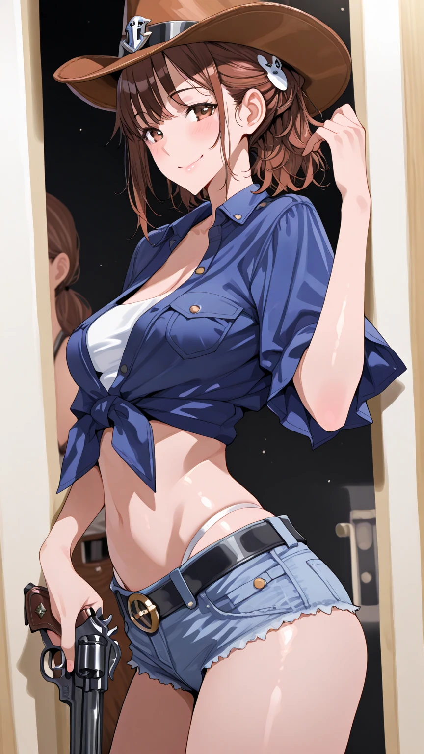 (masterpiece, highest quality:1.2), 1 Girl, alone,Are standing_Split, Dragon Ball Android 18, short hair, blue eyes, Blonde Hair, Blue jacket、Sperm overflows from the pussy