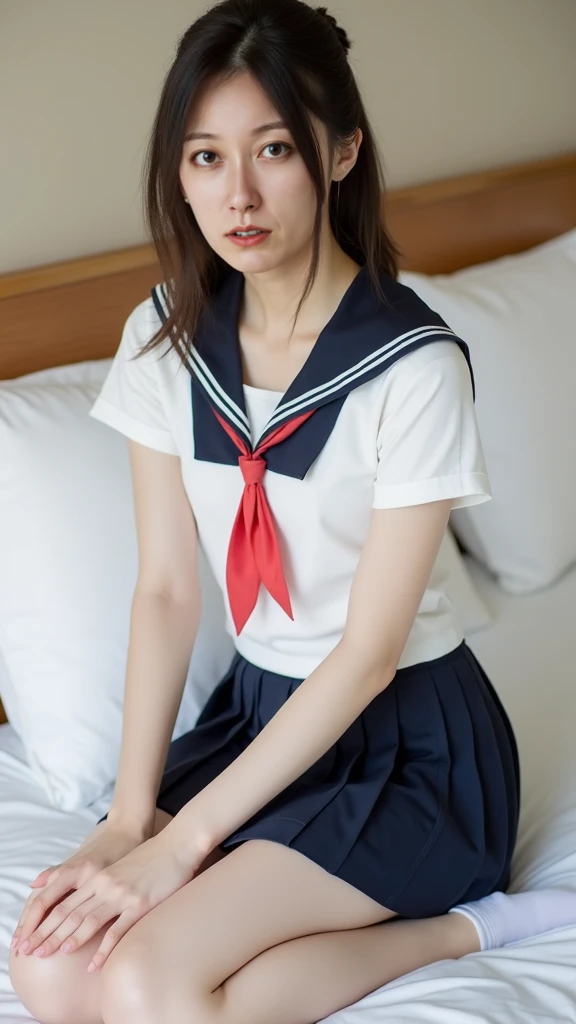 ulzzang-6500-v1.1, (Raw photo:1.2), (Photorealism), Beautiful detailed girl, Very detailed eyes and face, Beautiful detailed eyes, Huge file size, (Big), High Resolution, Very detailed, Best quality, [Masterpiece:1.6], [JK Uniform], Illustration, Very detailed, CG, Fine detail, Best quality, Very detailed CG uniform 8k wallpaper, Movie Lighting, 1 girl, 17 years old, cute Japan high school girl, perfect figure, [white school blouse unbuttoned, bra visible], large taut breasts, [huge breasts, heavy breasts, H cup: 1.9], cute droopy eyes, beautiful big eyes, no bra, sweaty and wet, [sexual arousal: 1.1], lying in bed: 1.5], hands raised, school uniform ribbon around neck, smile, (the whole body is wet), shining eyes, big breasts, big, big, head on pillow, stomach, button open