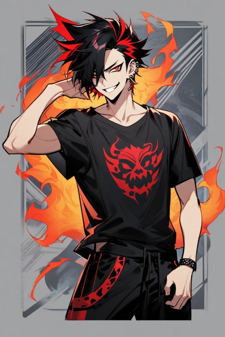 young boy, short black hair, cat ears, red eyes, tattoo, open torso, red pants, fire, Masterpiece, hiquality, 4k, HD, Good detail