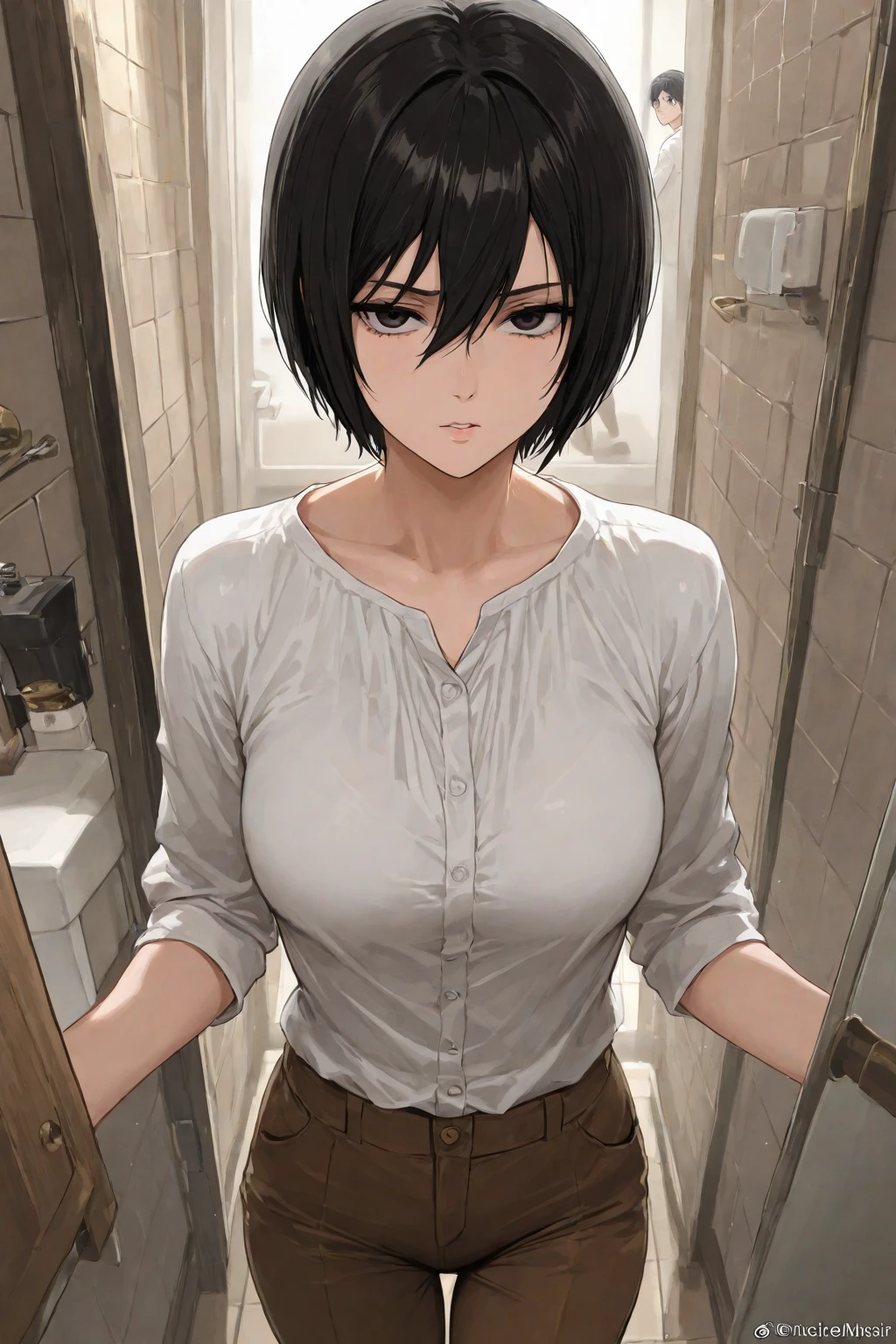 score_9, score_8_up, score_7_up, source_anime,
yukariyukino, yukari yukino, short hair, black hair, detailed blue eyes, hair between eyes,(( perfect eyes )), Perfect face, expressive eyes,
(show off breast), ((undress clothes)), detailed nipples, detailed navel, pants,
indoors, school, realistic school, on side, blush,
cowboy shot, looking at viewer, solo, dutch angle,