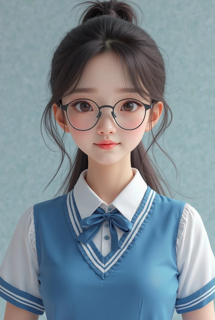 1 Female,Brown Hair, ,((Anxious expression)),Beautiful breasts、Navy blue sailor suit、Stylish,,(Look forward)(((Blushing、Surprised expression)),(((Braid))),((( Full body portrait)))Frameless Glasses