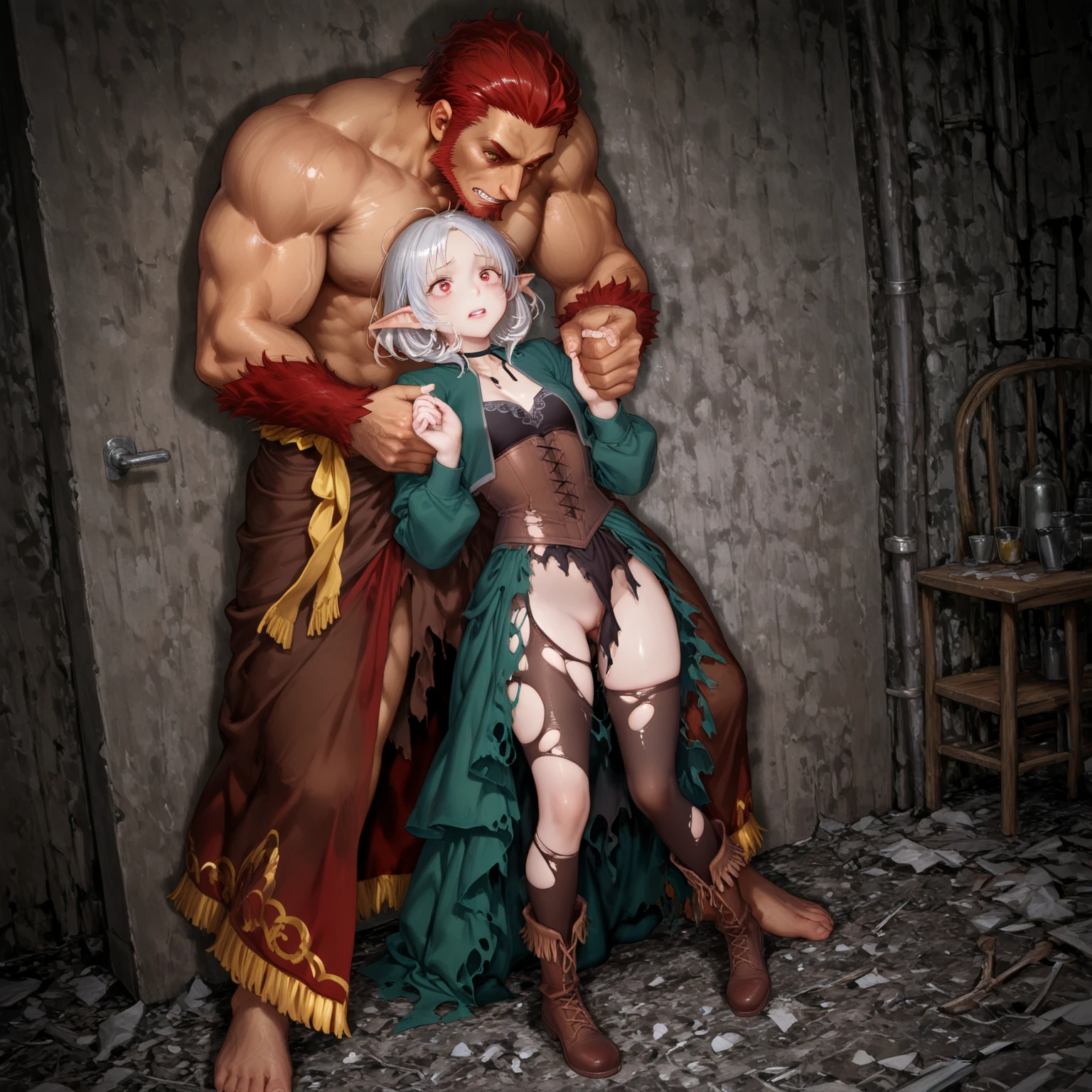 ((best quality)), ((masterpiece)),((detailed)), 1 elf girl with red hair, redhair, eyes closed, open mouth, focus on face, eighteen years old, sexy, sensual, long legs, athletic body, well-toned body, skinny body, fullbody, large breasts, skinny thighs, slim, medium hair, long eyelashes, elf ears, medieval torture chamber, medieval setting, medieval people in the back, (((hands tied))), metal cuffs, blushing girl, sweat on the body, leaning toward, spread legs, blushing face, (((metal slave collars))), ((collars)), (((chain tied to collars))), ((( loud crying face))), frontal, no clothes, no panties, no bra, naked, ((naked woman)), ((nude)), ((arms behind back)), sweat on body, wet body, on a wooden horse, wooden horse torture, very wet sex, vulva leaks, whipmarks