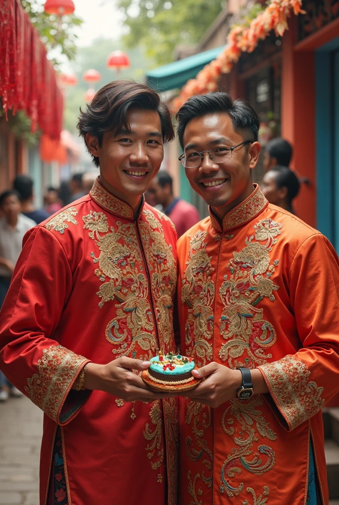 A real photo of a young Indonesian man wearing traditional Indonesian wedding attire all white. was hugging and kissing a white modern rice cooker next to him. Indonesian wedding scene Ultra-realistic 8K photograph, shot with a Leica Q2, strong color contrast and sharp clarity --ar 9:16 --quality 2 --
