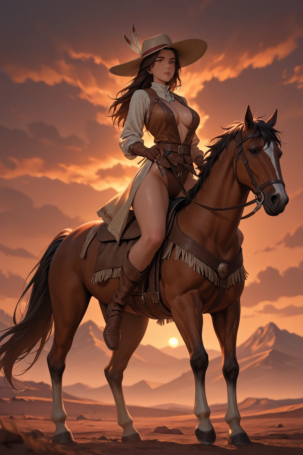 Beautiful mature woman，Wear a war robe，Superskirt，lacepantyhose，Sexy figure，mounted on a horse，Ride through the rainforest，Need for HD，Overall photo