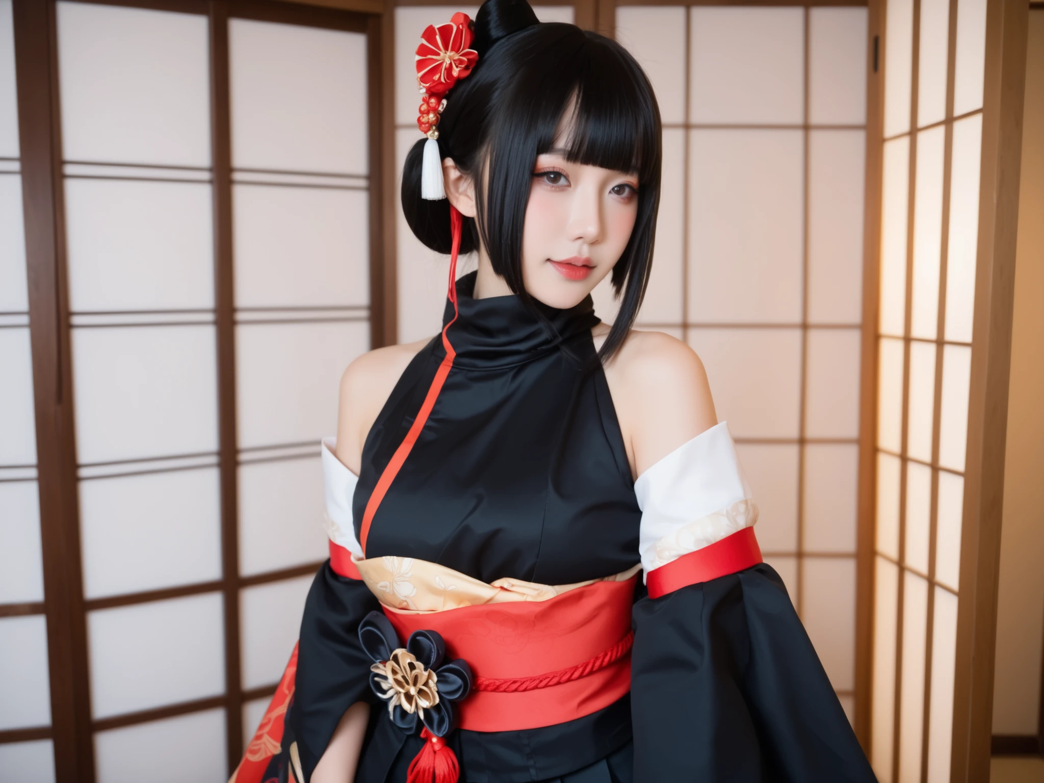1girl,solo,long black hair,mole under eye,black gloves,japanese clothes,turtleneck,detached sleeves,pleated skirt,obi,sash,ribbon trim,blunt bangs, ele real,textura da pele,traços faciais detalhados, sardas,Ance,