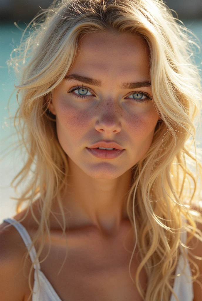 (masterpiece), realistic, (portrait of a girl), beautiful face, sunlight, cinematic light, bangs, a beautiful woman, beautiful eyes, blond hair, perfect ???????, very cute, princess eyes , (blue eyes) , (frame the head), Centered image, stylized, bioluminescence, 8 life size,8k Resolution, white low-cut dress with small blue details, human hands, wonder full, elegant, approaching perfection, dynamic, highly detailed, character sheet, concept art, smooth, facing directly at the viewer positioned so that their body is symmetrical and balanced, stunningly beautiful teenage girl, detailed hairstyle,underwear,