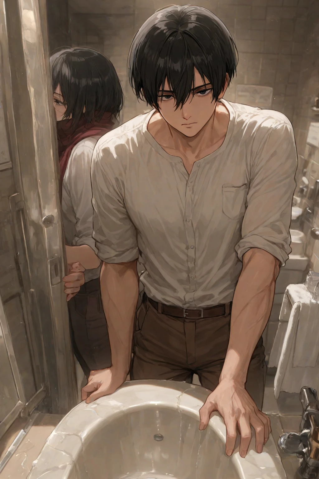 best quality, masterpiece, (realistic: 1.2), 1 man, Eren Jaeger, black jeans, black pants, brown hair, attack on Titan, cold background, black jacket, slim body, high definition, high quality, black clothes