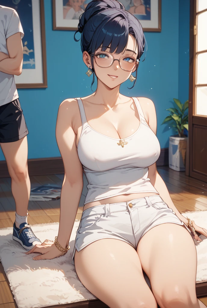 Smiling minchen, ridiculous, closed mouth, balanced eyes, (Best Quality Detail: 1.2), Realistic, 8K HD, Ultra Detailed, High Quality Texture, Complex Detail, Detailed Texture, Fine Detail, High Detail, Very Detailed CG, High Quality Shadows, Delicate Beautiful Delicate Face, (Delicate Beautiful Delicate Eyes: 1.32), Depth of Field, Ray Tracing, (A Beautiful 28 Year Old Cute Chinese Lady: 1), Big Breasts, Not Sexy, Tall Feminine, Beautiful Legs, Glow Eyes, Blush, Perfect Petite, Scrawny, Blurred Outdoor Background, Silver Skinny Bra, Blue Taste Denim Coat, Cardigan Coat: 1.1, [Brown skirt] 1, stockings and suspenders: 1.2, short hair, comfortable living room, sunshine, earrings, necklace, model, looking at the audience, dynamic pose, earrings, necklace, model, looking at the audience, from the side, dynamic pose, front. The lady sat on the sofa with a little boy 3 years old, lively and cute, well-behaved.