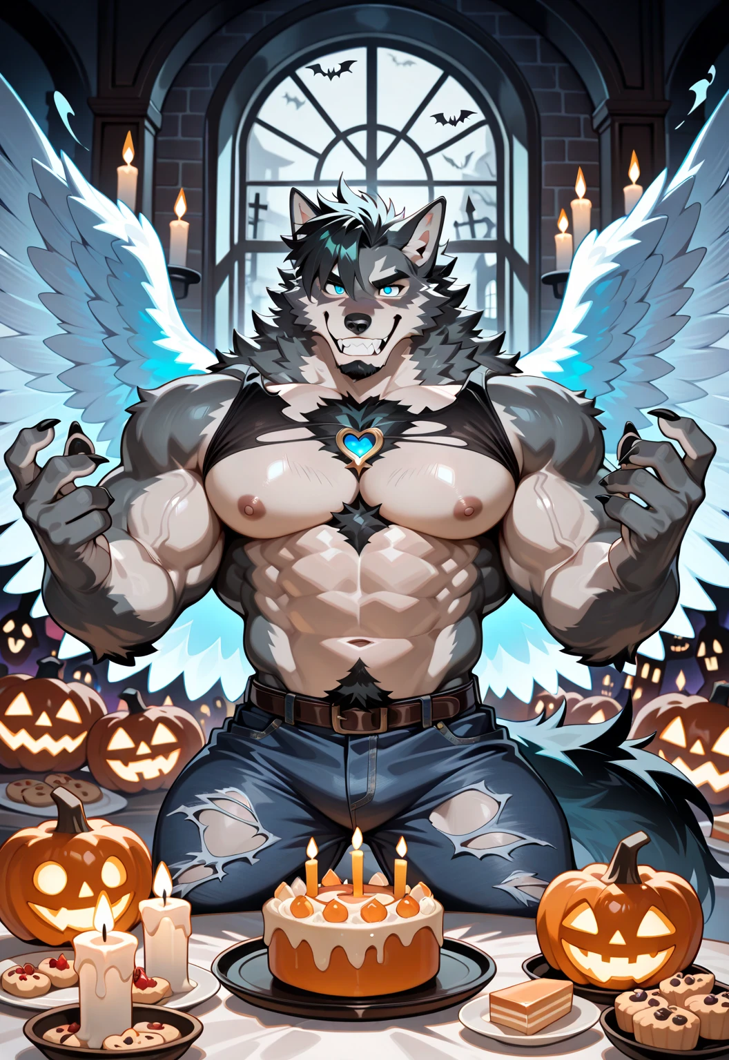 Hyper is the new werewolf being welcomed by various monsters, ghosts and goblins to the Halloween haunted house party masterpiece, best quality, amazing quality, null-ghost, Hyper from visual novel "Wolfstar: Sins and Paradise". (Hyper from Wolfstar: Sins and Paradise the visual novel score_9, score_8_up, score_7_up, Best Quality, high quality, Ultra High Resolution, fine eyes, exquisite face, 5 fingers, , muscles , Muscular development , muscle line, Thick Muscle ,, gray werewolf , short spiky black hair, hair ,wolf Tail, wolf head, ultimate warrior pattern facial fur, intense glowing Blue Eyes ,handsome, Spectacular, white teeth, wears a half piece covers his heart , torn blue jeans, alone, fine eyes, strong jawline, short black goatee,5 fingers,Five-Toe , Fluffy fur ,null-ghost,Takemoto Arashi , happy smile, torn black muscle shirt, bara pecs, focus on pecs, muscles, muscular male), set of giant light blue angel wings, Highest Quality, 4k, masterpiece, solo, Amazing Details, highly detailed face, no defects, no watermarks, perfect eyes, 5 fingers. Crowded party background, lots of cookies, jack o lanterns, candles, bats, cakes, punch bowl, spooky atmosphere, fun vibes, other characters, musi, outside window are dancing skeletons and flying bats in graveyard background, neon lights, unkept haunted house.