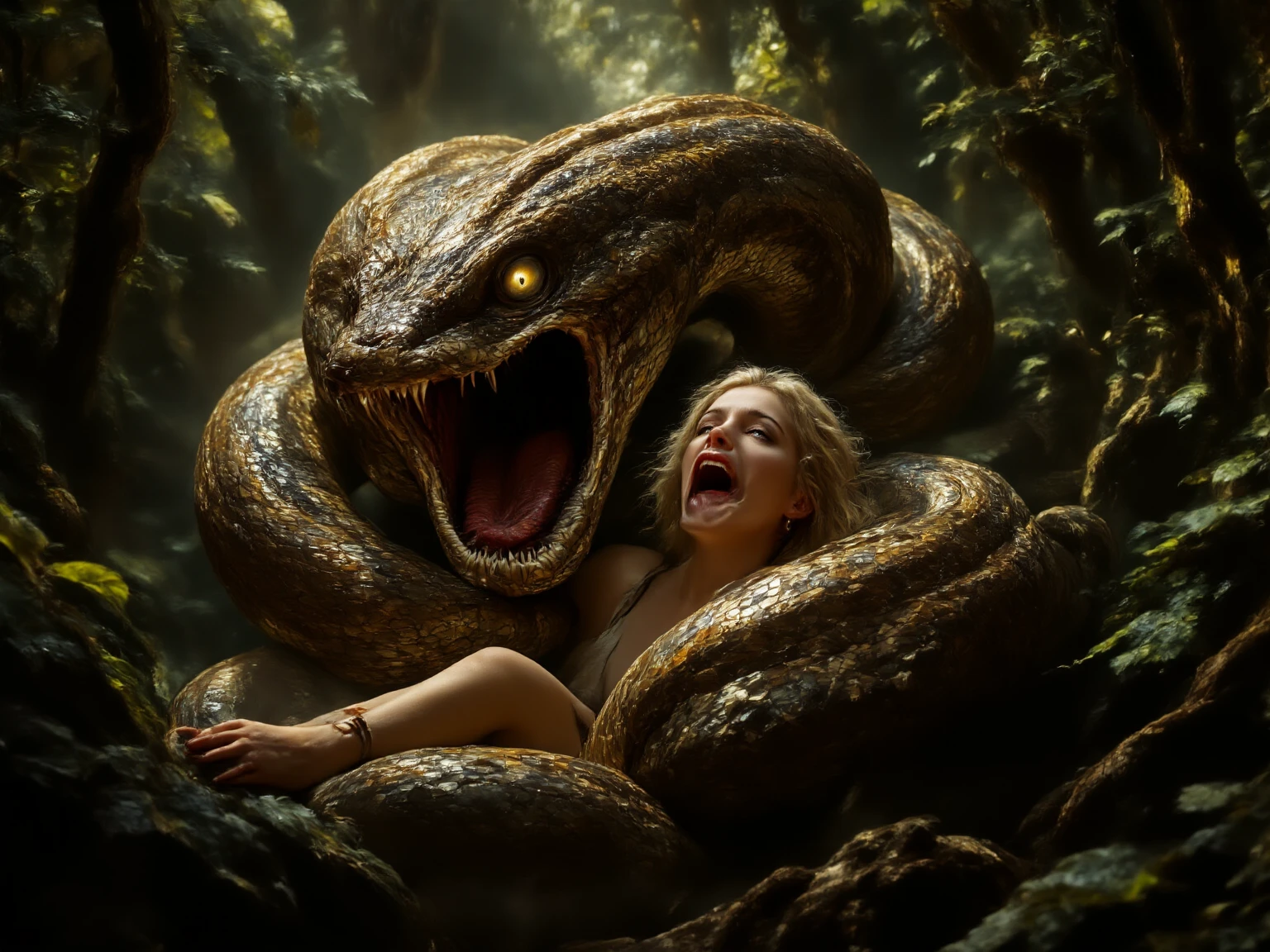Pregnant Happy Horny, aroused 1girl), beautiful kneeling blonde young teen girl with giant colossal Kaa monster squeezing her hard, wrapped in thick spiraling coils, constricted, struggle, gasping for air, snake attack, snake peril, moonless night, dim light